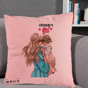 Cadou pentru Mama - Perna Personalizata Mommy's Girl Mama si Fetita, 40x40 cm, Roz, Husa Detasabila, Perna Inclusa, BEKZ®