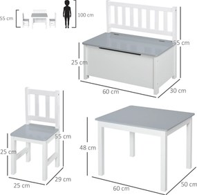 HOMCOM Set Mobilier pentru Copii 4 Piese, Masă, 2 Scaune, Bancă Depozitare, Lemn Multifuncțional, Alb și Gri | Aosom Romania