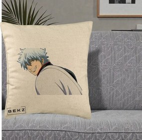 Perna Personalizata Gintama Gintoki Portret cu Zambet, 40x40 cm, Bej, Husa Detasabila, Perna Inclusa, BEKZ®