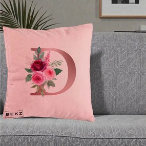 Cadou Personalizat - Perna Personalizata Monograma Rose Gold Litera D, 40x40 cm, Roz, Husa Detasabila, Perna Inclusa, BEKZ®