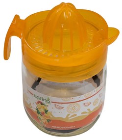 Storcator manual de fructe cu capac galben din plastic si borcanas din sticla, 350 ml
