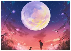 Tablou pe sticlă - Femeie și câine pe lună plină (70x50 cm)