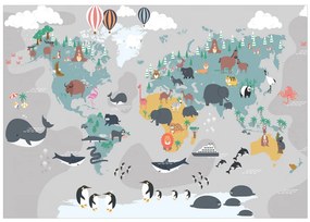 Fototapet - Harta lumii pentru copii - ilustrații cu animale și plante pe continente