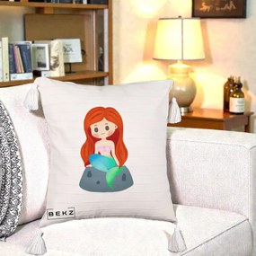 Perna Personalizata Sirena Kawaii Roscat, 40x40 cm, Bej cu Franjuri, Husa Detasabila, Perna Inclusa, BEKZ®