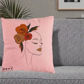 Perna Decorativa Portret Feminin Trandafiri Ruginii, 40x40 cm, Roz, Husa Detasabila, Perna Inclusa, BEKZ®