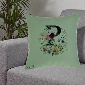 Cadou Personalizat - Perna Personalizata Monogram Litera P cu Flori Acuarela, 40x40 cm, Verde, Husa Detasabila, Perna Inclusa, BEKZ®