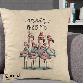 Perna Decorativa Flamingo Merry Christmas, 40x40 cm, Bej, Husa Detasabila, Perna Inclusa, BEKZ®