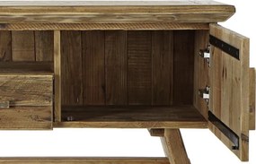 Comodă TV living din lemn reciclat, natur, cu 2 uși, 1 sertar, nișă deschisă și picioare oblice cu traversă, 60 x 180 x 45 cm, „Auburn”
