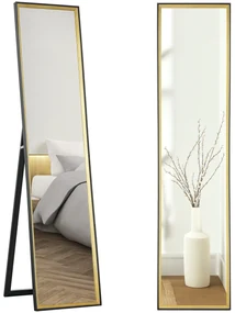 HOMCOM Oglindă de Podea Înaltă cu Suport Posterior și Ramă, Oglindă de Perete din MDF și Sticlă, 37x3x157 cm, Auriu | Aosom Romania