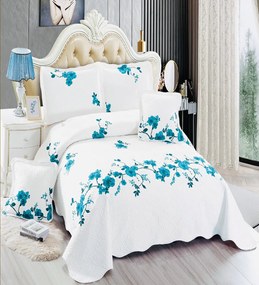 Cuvertura de pat si 4 fete de perna, pat 2 persoane, bumbac 100%, alb / albastru, E-S133