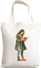 Sacosa de Panza pentru Cumparaturi, Geanta Tote, model The bookie girl 30 38 x 34.5 cm, Alba, BEKZ®