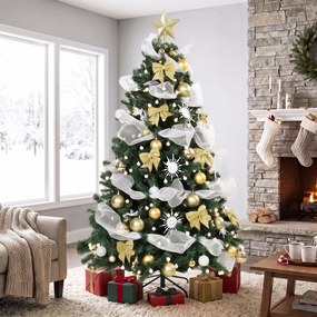 HOMCOM Brad de Crăciun 180cm cu 200 LED-uri Alb Cald, 8 Moduri, 800 Ramuri Ignifuge, Globuri, Panglici, Funde | Aosom Romania
