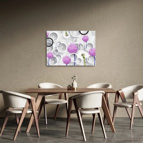 Tablou pe sticlă cu abstracție 3D cu cercuri și flori (70x50 cm)