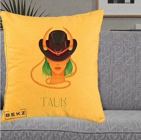 Perna Personalizata Zodie Taur, 40x40 cm, Galben, Husa Detasabila, Perna Inclusa, BEKZ®