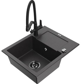 Mexen Enzo chiuvetă de granit cu un compartiment, cu picurător și baterie de bucătărie Duo, Negru cu picățele - 6506-76-671701-7