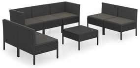 Set mobilier de gradina cu perne, 8 piese, negru, poliratan 2x colt + 5x mijloc + masa, 1