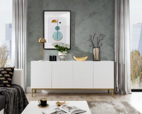 Comodă Nicole 200 cm cu patru uși, fronturi riflate - alb mat / picioare aurii