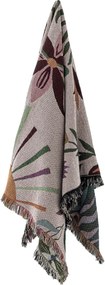 Pătură din bumbac reciclat, roz, cu model botanic și franjuri multicolore, „Yash", 160 x 130 cm