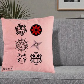 Perna Personalizata Simboluri Anime Mix - Naruto One Piece, 40x40 cm, Roz, Husa Detasabila, Perna Inclusa, BEKZ®