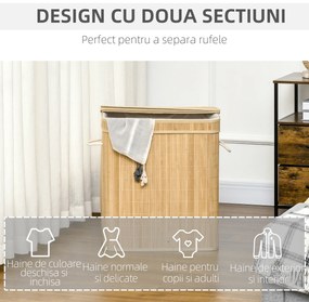 HOMCOM Coș Pliabil pentru Rufe cu 2 Compartimente, Capac Detașabil și Mânere, 54,2x35,2x59,5 cm, Natural | Aosom Romania