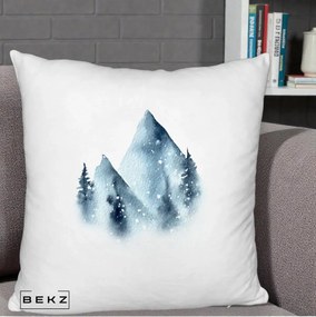 Perna Decorativa Munti Inzapeziti Acuarela Indigo, 40x40 cm, Alb Pufos, Husa Detasabila, Perna Inclusa, BEKZ®