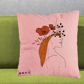 Perna Decorativa Portret Feminin Maci Rosii Auriu, 40x40 cm, Roz, Husa Detasabila, Perna Inclusa, BEKZ®