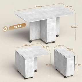 HOMCOM Masă de Luat Masa Pliabilă, Masă de Bucătărie cu Blaturi Rabatabile și Roți cu Frâne pentru 6 Persoane, Birou Compact cu 2 Sertare, 2 Uși și Dulap, pentru Living, 140x76x74î cm, Gri Ciment | Aosom Romania