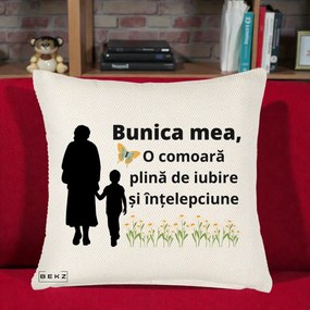 Cadou pentru Bunica - Perna Personalizata Bunica Mea Comoara cu Fluture si Baietel, 40x40 cm, Crem Reliefat, Husa Detasabila, Perna Inclusa, BEKZ®