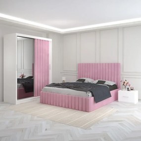 Set Mobila De Dormitor Luca Roz, pat tapitat 160x200cm, dulap cu oglinda 150x210cm, noptiere