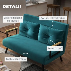 HOMCOM Canapea Dubla Extensibila 3 in 1 Catifea cu Spatar Reglabil pe 5 Niveluri si Perne Capitonate, Verde marin | Aosom Romania