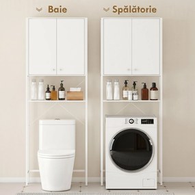 Mobilier HOMCOM pentru Baie Deasupra WC-ului cu Dulap și Raft Deschis, Mobilier Salvaspazio cu Picioare din Metal pentru Baie și Spălătorie, 64x20x180 cm, Alb | Aosom Romania
