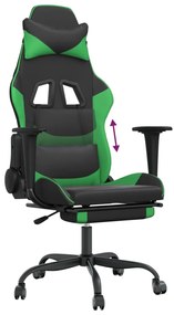 Scaun de gaming cu suport picioare negru verde, piele ecologica 1, Negru si verde, Cu suport de picioare