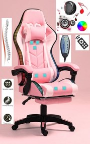 RESIGILAT- ALFORD Scaun gaming cu Masaj in 5 puncte, Perna lombara cu Masaj, Sistem iluminare banda LED RGB, Boxe Bluetooth, suport picioare, PU, Roz