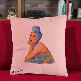 Perna Decorativa Portret Femeie Contemplativa, 40x40 cm, Roz, Husa Detasabila, Perna Inclusa, BEKZ®