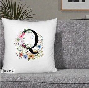 Cadou Personalizat - Perna Personalizata Monogram Litera Q cu Flori Acuarela, 40x40 cm, Alb Pufos, Husa Detasabila, Perna Inclusa, BEKZ®