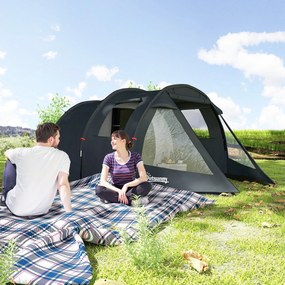 Outsunny Cort Tunel pentru 3-4 Persoane, Cort de Camping cu Doua Camere, cu Ferestre si Obloane, Geanta de Transport Portabila, pentru Pescuit, Drumetii, Sport, Festival, Negru | Aosom Romania
