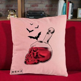 Perna Decorativa Halloween Craniu-Sticla cu Lilieci, 40x40 cm, Roz, Husa Detasabila, Perna Inclusa, BEKZ®