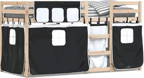 vidaXL Pat supraetajat de copii perdele, alb/negru, 90x200 cm lemn pin