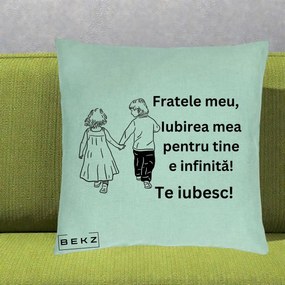 Cadou pentru Frate - Perna Personalizata Fratele Meu Te Iubesc Copii Tinand Maini Varianta 2, 40x40 cm, Verde Menta, Husa Detasabila, Perna Inclusa, BEKZ®