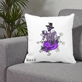 Perna Decorativa Schelet Vrajitor cu Dovleac Violet Halloween, 40x40 cm, Alba Mata, Husa Detasabila, Perna Inclusa, BEKZ®