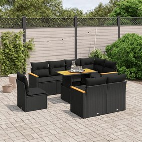 3273169 vidaXL Set mobilier de grădină cu perne, 9 piese, negru, poliratan