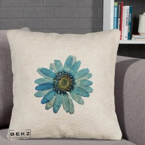 Perna Decorativa Floare Margareta Albastra Acuarela, 40x40 cm, Bej Canapea, Husa Detasabila, Perna Inclusa, BEKZ®