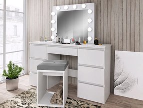 Masuta machiaj cu Oglinda LED si 7 Sertare pentru Cosmetice, Set Masa toaleta 120 cm, Alb, masuta cosmetica, vanity - SEA516
