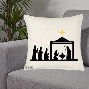 Perna Decorativa Nasterea Pruncului Silueta Neagra si Stea Aurie, 40x40 cm, Crem Reliefat, Husa Detasabila, Perna Inclusa, BEKZ®