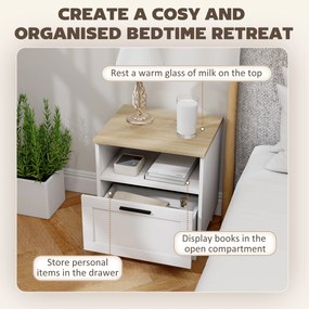 HOMCOM Noptieră Dormitor cu Sertar și Raft Deschis, Noptieră Modernă Compactă cu Picioare din Lemn de Pin, 45x38x50 cm, Alb | Aosom Romania