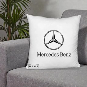 Perna Personalizata cu emblema Mercedes-Benz, 40x40 cm, Alb Pufos, Husa Detasabila, Perna Inclusa, BEKZ®