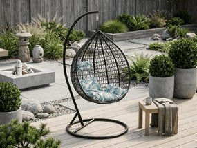 Scaun negru suspendat KOKON cu suport, perna verde-alb