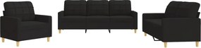 vidaXL Set de canapele cu perne, 3 piese, negru, textil