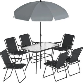 Outsunny Set Dining de Grădină 8 Piese cu Umbrelă, Mobilier de Exterior cu 6 Scaune Pliabile, Masă din Sticlă Temperată și Umbrelă pentru Terasă, Negru | Aosom Romania
