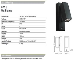 Aplica moderna cu spot LED directionabil USB Charger Hotel negru